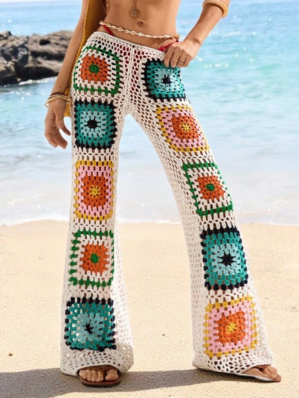 Multicolor Boho Women's Hollow Out Crochet Pants